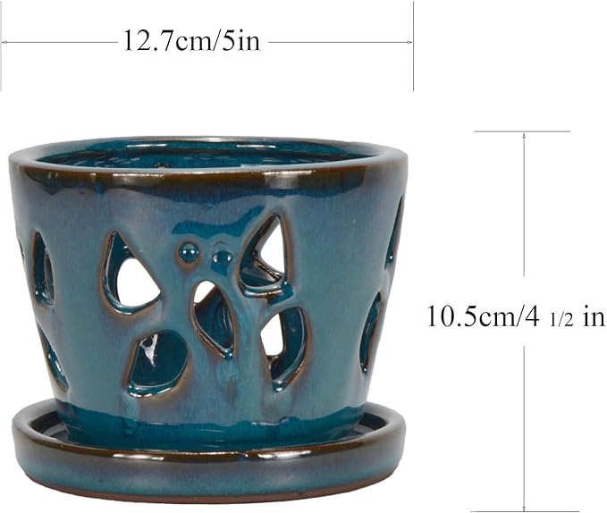 W&W Orchid Pot with Holes and Saucer for Repotting, 5 Inches, Teal