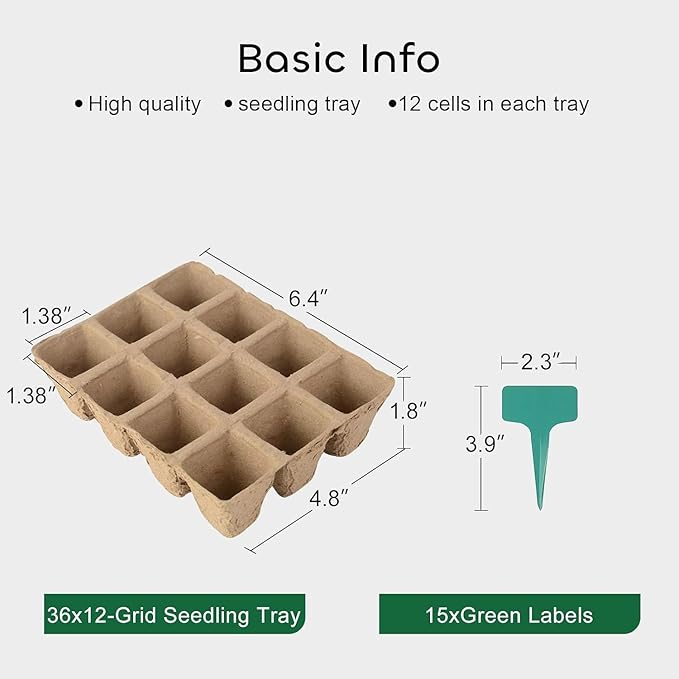 GROWNEER 432 Cells Peat Pots Seed Starter Trays 36 Packs Biodegradable Seedling Pots Germination Trays Organic Plant Starter Kit with 15 Pcs Plant Labels
