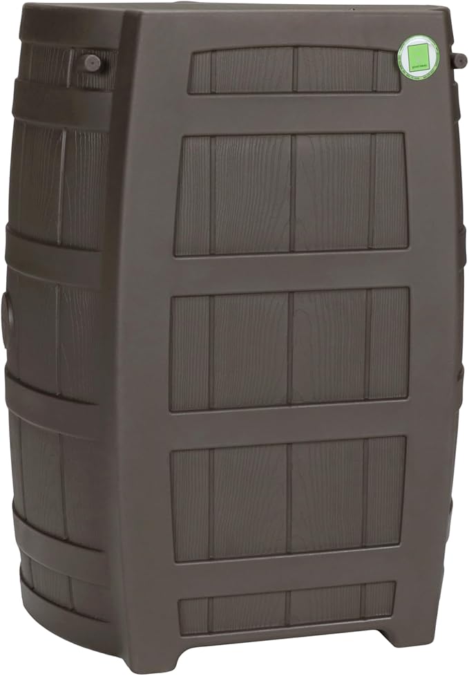 Good Ideas Rain Wizard Water Collection Plastic Barrel, Oak, 50 Gallon - Linkable Flat-Back Faux Wood Rainwater Catcher Storage Drum w/ Robust Metal Spigot & Fine Mesh Screen