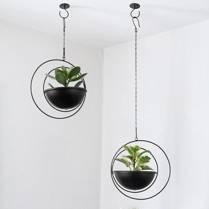 Hajia 2 Pack Moon Shaped Hanging Plant Holder with 8 Inch Detachable Pot, Black Metal Plant Hanger for Indoor Outdoor, Minimalist Hanging Planter for Wall Ceiling Decor.(with Drainage Holes)