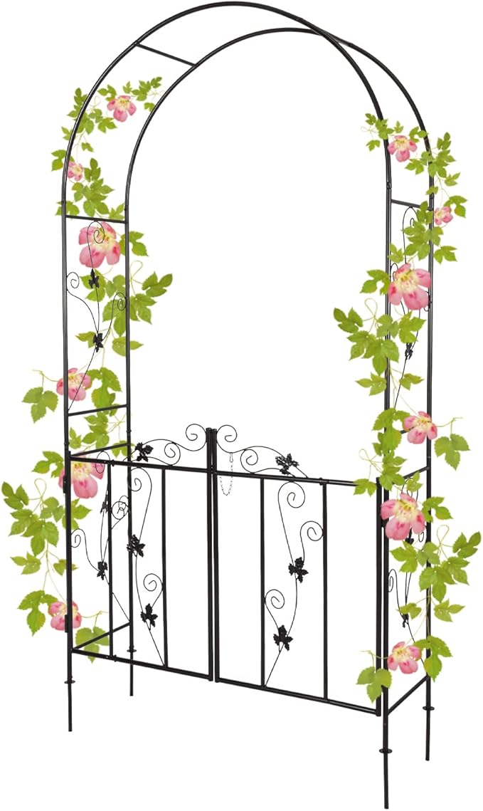 Outdoor Garden Arbors with Gate Door 7’ H x 3’7’’ W Metal Garden Arch Plants Growing for Wedding Party