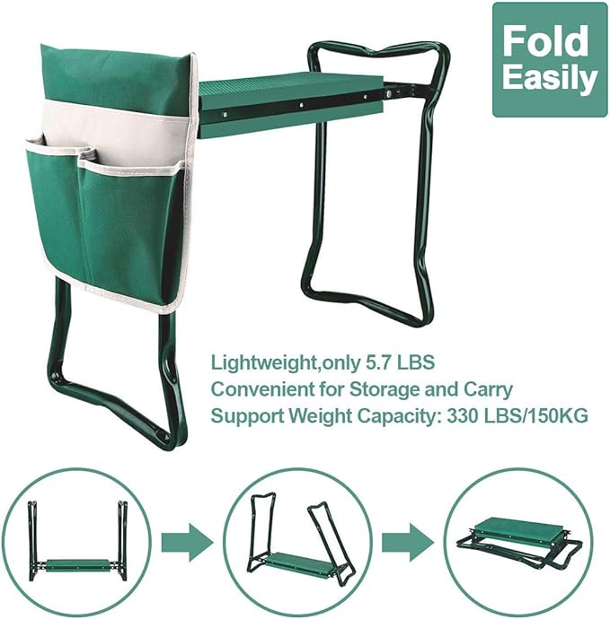 PLKO Garden Kneeler and Seat Stool Heavy Duty Garden Folding Bench with Large Tool Pocket and Soft EVA Kneeling Pad for Gardening Lovers