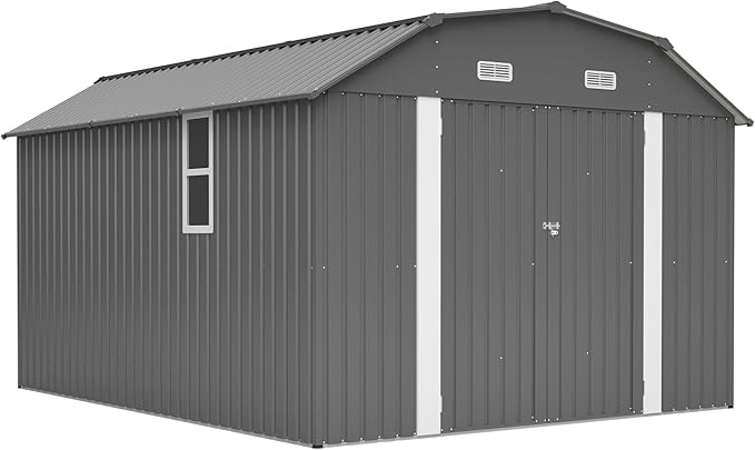 10×12 FT Outdoor Storage Shed,Heavy-Duty Metal Shed with Floor Base,All Weather Waterproof Tool Shed W/Diamond Roof & Windows,Lockable Double Door & 4 Air Vents,for Backyard,Patio,Lawn,Gray