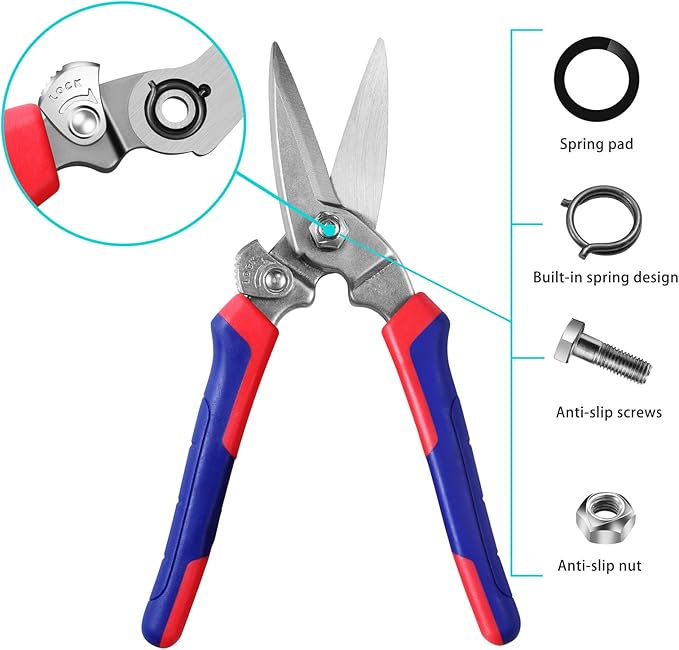 Heavy Duty Industrial Scissors: Utility Sharp Aviation Tin Snips for Cutting Thin Metal Sheet, Fine Iron Wire, Wires, Plastic, Rubber Hose, Carpet, Cardboard （8'' Blue）