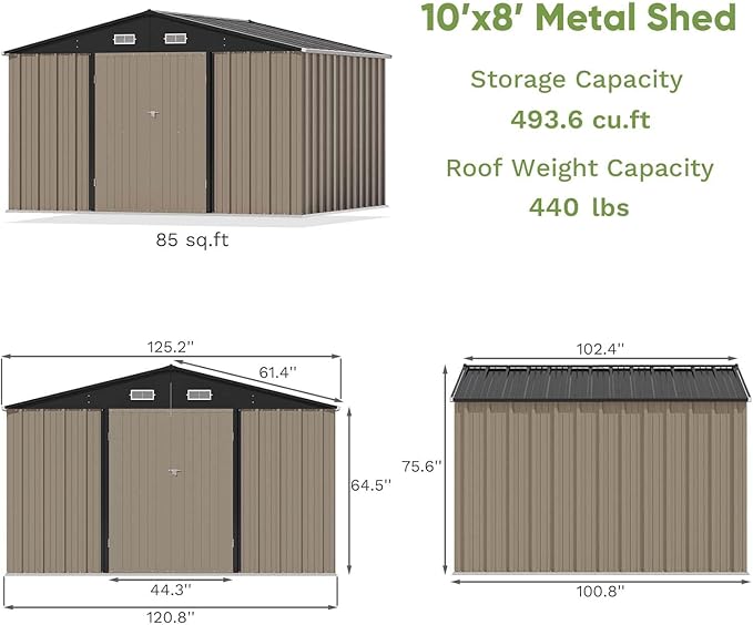 Patiolife Outdoor Storage Shed 10x8 FT with Floor Frame, Garden Tool Metal Shed with Sloping Roof and Double Lockable Door for Backyard Garden & Patio, Brown