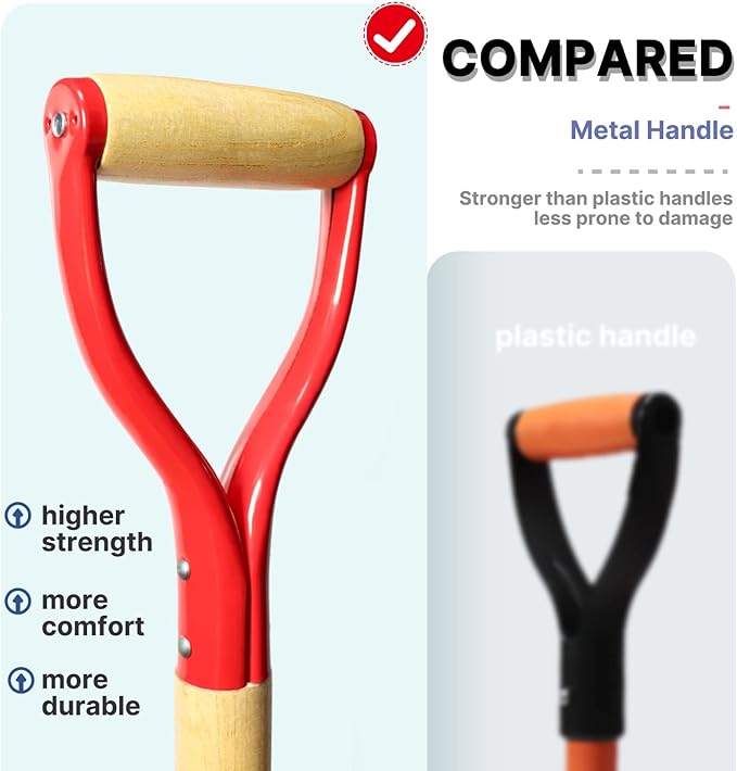 Garden Fork, 4-Tine Spading Digging Fork, Pitch Fork-45Inch, Forged Steel Y-Grip, Wood Handel-Red