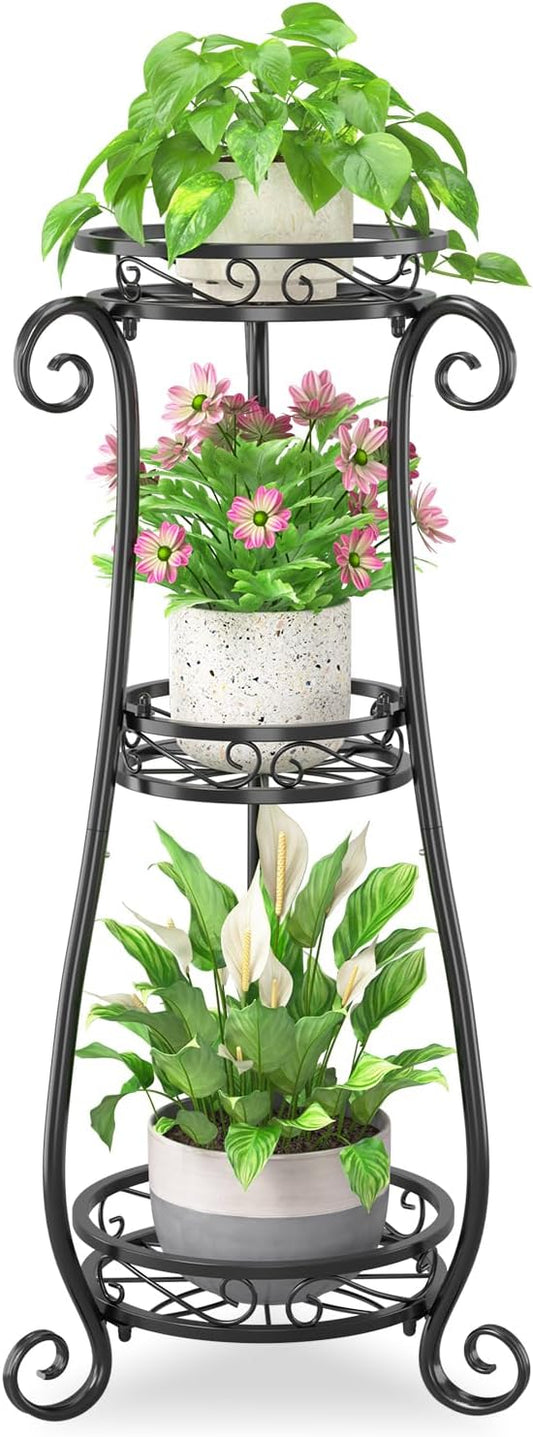 iDavosic.ly 3 Tier Metal Plant Stand Indoor Outdoor, Wrought Iron Corner Tall Flower Pot Holder Shelf, 34 Inch Vertical Heavy Duty Display Rack for Patio Porch Living Room Garden, Black