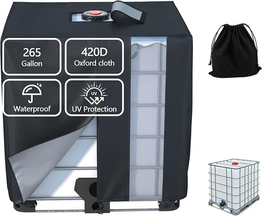 IBC Tote Cover, 420D Silver Coated Waterproof Oxford Cloth for 1000L IBC Container Rain Water Tank Outdoor 275 Gallon Rain Barrel Foil Anti-Dust Cover, Sun Protection Anti-UV