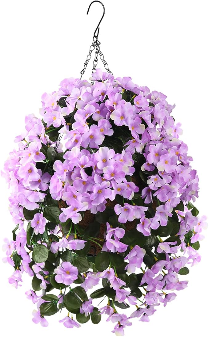 INQCMY Artificial Hanging Flowers with Basket for Outdoor Garden Spring Decoration,Faux Silk Begonia in Planter Look Real UV Resistant for Outside Home Porch Patio Balcony Yard Decor(Light Purple)