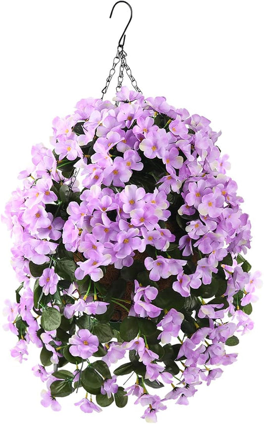 INQCMY Artificial Hanging Flowers with Basket for Outdoor Garden Spring Decoration,Faux Silk Begonia in Planter Look Real UV Resistant for Outside Home Porch Patio Balcony Yard Decor(Light Purple)