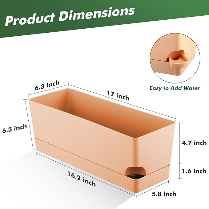 4 Pack Self Watering Pots for Indoor Plants 17 Inches Window Boxes Planters Rectangular Flower Pots Rectangle Herb Pots Large Plant Pots with Drainage Holes and Saucers Windowsill Planter, Orange