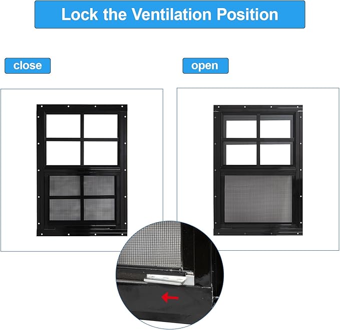 NeatiEase Upgraded Shed Windows 2 Pack, 20" x 30" Windows with Tempered Glass and Stainless Steel Screen for Shed, Chicken Coop, Playhouse, Household, Garage(Black)