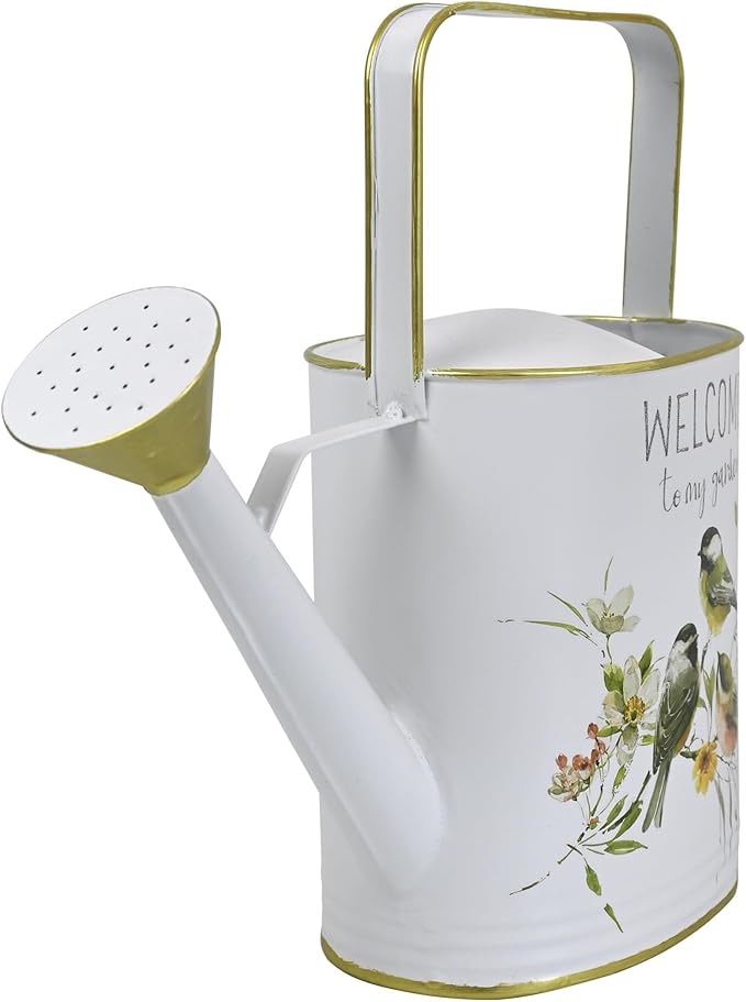 Vintage Metal Watering Can with Gold Accents & Bird Floral Welcome to My Garden Design Garden Decorative Watering Pot Farmhouse Waterer for Home Indoor Outdoor Balcony Courtyard (White)