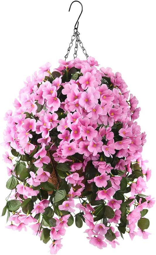 INQCMY Artificial Hanging Flowers with Basket for Garden Outdoor Spring Decoration,Faux Silk Begonia in Planter Look Real UV Resistant for Outside Home Porch Patio Balcony Yard Decor(Pink)