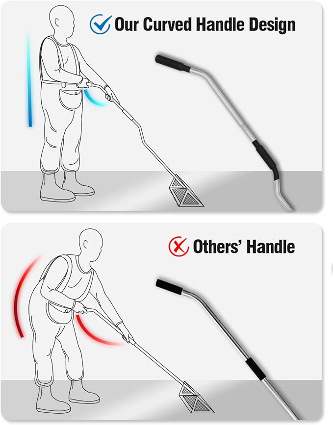 Sand Flea Rake,16-Inches Wide Basket, 52” Long Strong Handle, Sharp Teeth, Curved Handle Design [One Piece Handle Version]