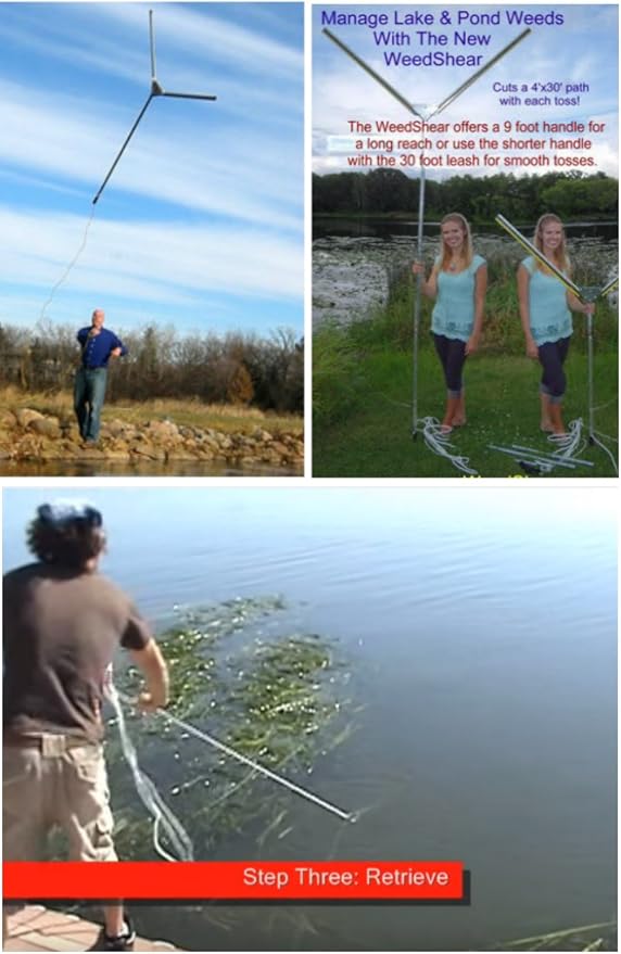 Water Land & Home WeedShear Lake Weed Cutter – 49″ V-Blade Aquatic Vegetation Remover – Manual Weed Razor Tool for Milfoil, Lily Pads, Pond & Lake Weeds – Includes Rope, Sharpener & Case