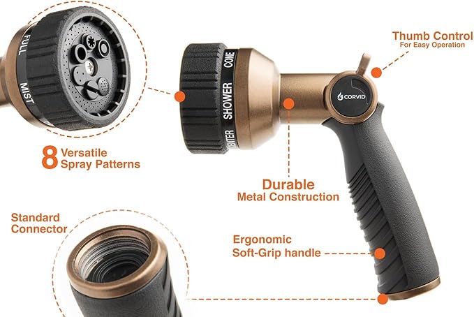 2-Pack Corvid Thumb Control 8-Pattern Garden Hose Nozzle, High-Pressure Adjustable Spray with Ergonomic Soft-Grip Handle and Durable Metal Construction, Ideal for Lawn & Garden, Car Washing