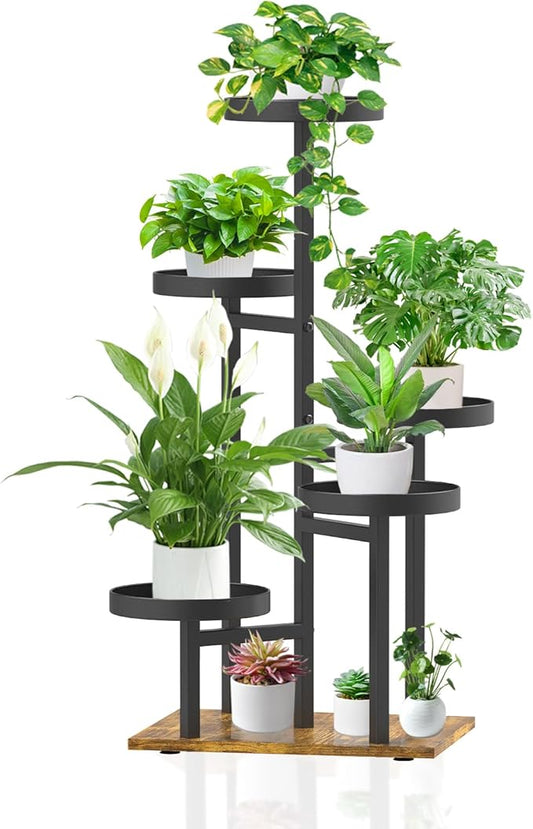 iDavosic.ly 5 Tier Plant Stand Indoor, Tiered Corner Metal Wood Multiple Flower Holder Shelf, Tall Orchid Display Rack for Patio Porch Living Room Balcony Outdoor, Brown