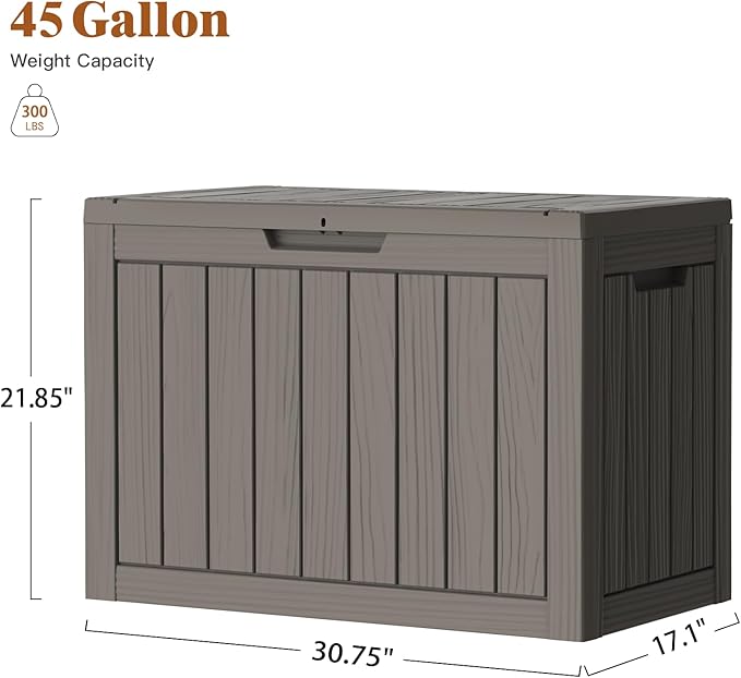 Outdoor Storage Box - Lockable Waterproof UV-Resistant Resin Deck Box for Patio Cushions, Garden Tools, Pool Accessories, Black/Grey, 45(Grey, 45 Gallon)