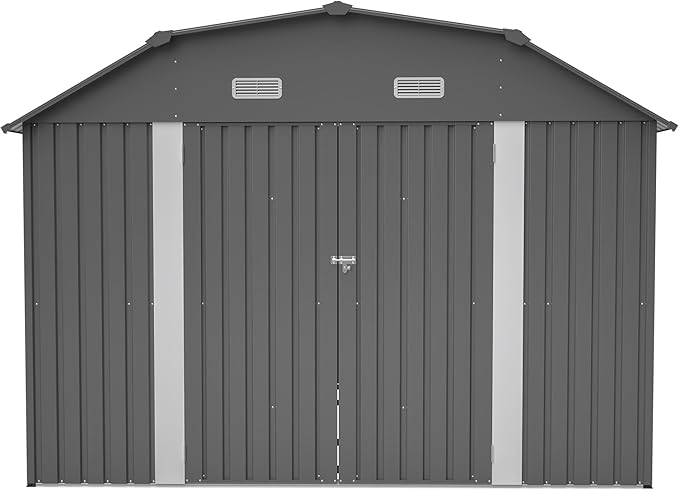 10×12 FT Outdoor Storage Shed,Heavy-Duty Metal Shed with Floor Base,All Weather Waterproof Tool Shed W/Diamond Roof & Windows,Lockable Double Door & 4 Air Vents,for Backyard,Patio,Lawn,Gray