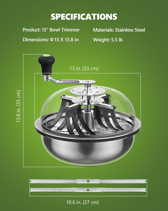 13 Inch Bud Leaf Bowl Trimmer, 13" Trim Bowl with Clear Visibility Dome and Sharp Stainless Steel Blades, for Twist Spin Cutting Buds, Flowers, Leaves, Hydroponics Plants