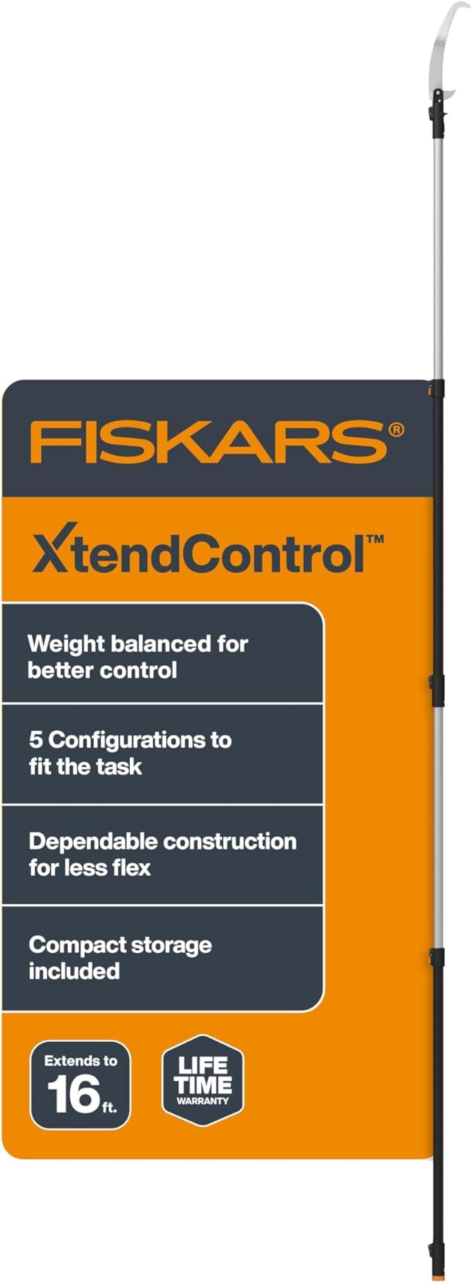 Fiskars XtendControl Extendable Tree Pruner (12 ft), Pole Saw, Adjustable Branch Trimmer with 15" X1 Saw, 3-6 ft Extension Poles, and Secure Locking System for Precision Cutting
