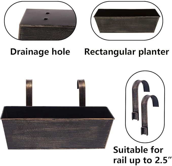 Hanging Planters for Outdoor Plants 16 Inch Railing Planter Box for Balcony Deck Window Metal Rectangular Fence Flower Pots with Drainage Holes for Patio Porch Outside Garden Decor(3 Pack)