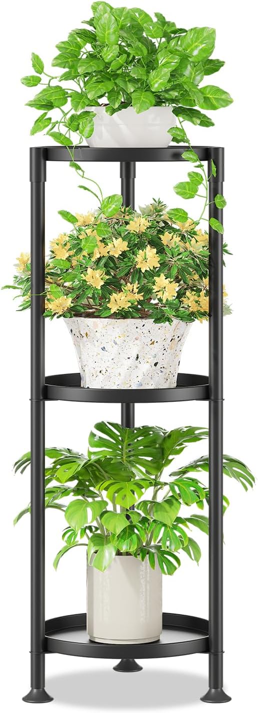 iDavosic.ly 3 Tier Plant Stand Indoor with 10 Inch Wide Tray, Vertical Corner Metal Outdoor Flower Display Holder Shelf, Folding Tall Rack for Patio Porch Living Room, Modern Black