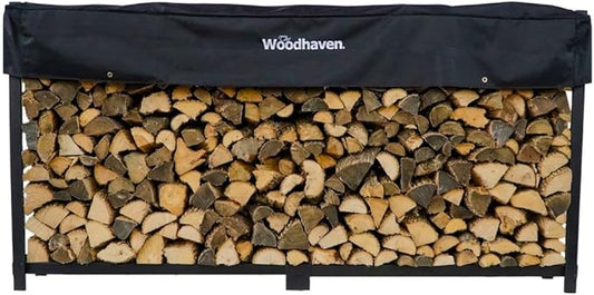 Woodhaven 10 Foot Black Firewood Log Rack With Optional Seasoning Cover - Made In The USA - Lifetime Structural Warranty - Steel Outdoor Rack with Black Texture Powder Coat Finish (Cover)