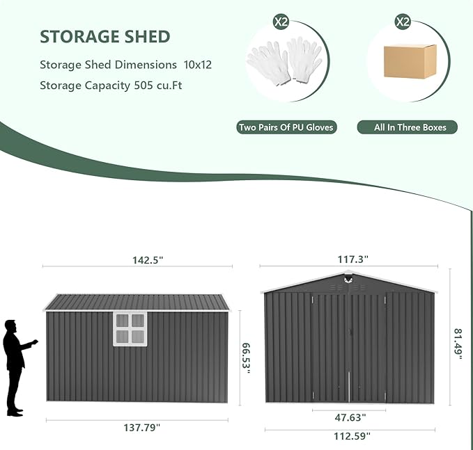 10x12 FTMetal Storage Shed, Outdoor Tool Sheds with Lockable Door & 1 Window, Large Heavy Duty Tool Sheds, Outside Waterproof Storage Building