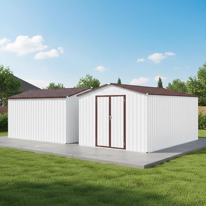 10x12 FT Storage Shed,Metal Aluminum Garden Shed,with Punched Vents,Waterproof Cabinet w/Hinged Door and Padlock,Tool House for Storing Bicycles,Lawnmowers,Barbeques,White+Coffee