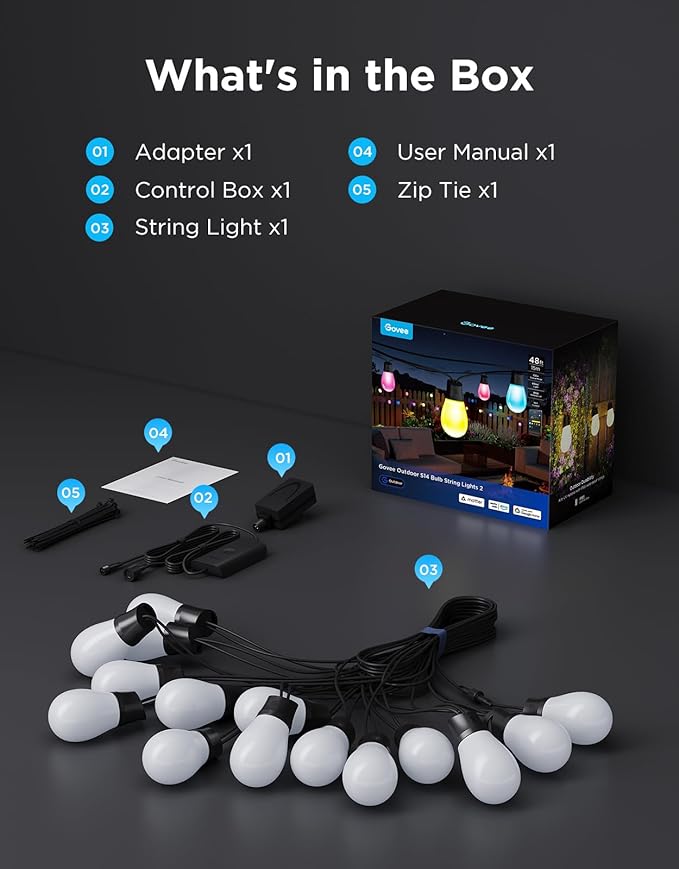 Govee S14 Bulb Outdoor String Lights 2, 48ft Smart RGBIC Warm White Patio Lights with 15 LED Bulbs, 111 Scene Modes for Outdoor Decor, Works with Alexa, Google, Matter, APP Control, IP66 Waterproof