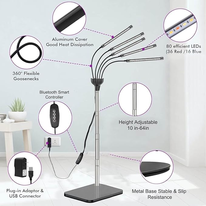 Grow Light for Indoor Plants 12-65 Inches Height Adjustable Plant Growing Lamps 5 Heads Red Blue Full Spectrum LED Auto On/Off Timer (Full Spectrum, Five Heads)