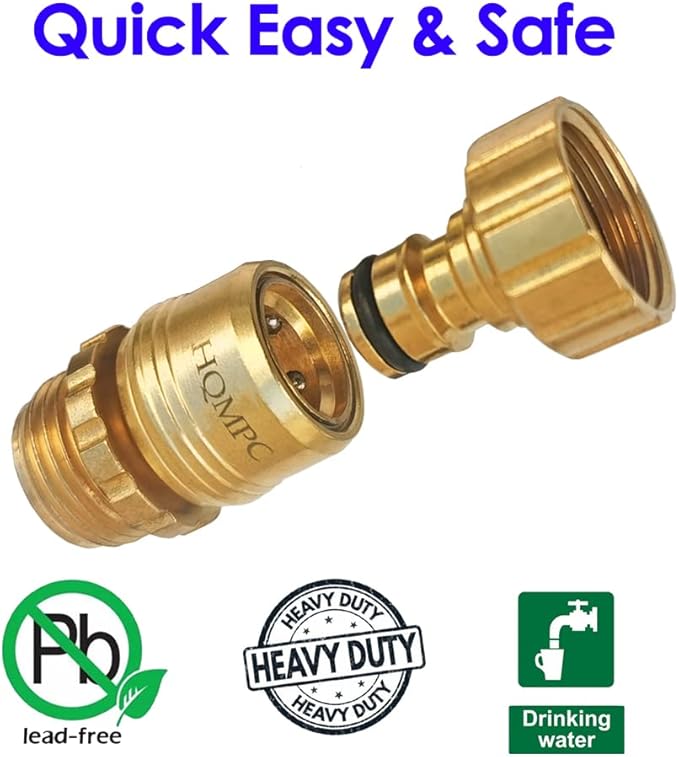 HQMPC Garden Hose Quick Connect No Pb Solid Brass Quick Connector Garden Hose Fitting Water Hose Connectors 3/4 inch GHT (4)