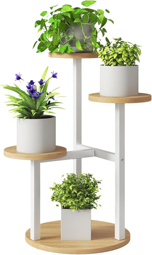 IBUYKE 4 Tier Plant Stand Indoor, Metal Wood Plant Shelf for Multiple Plants, Small Tiered Corner Flower Pot Stand for Living Room Patio Balcony Garden, White TMJ073R