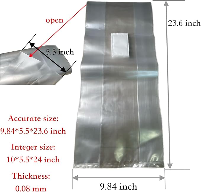 Sealable Mushroom Grow Bags with 0.2 Micron Filter,10''x5.5''x24'',0.08mm/3.15mil Thick PP,Extra Large Size Transparent Cultivation Bags for Commercial & Home Use (50 PCS)