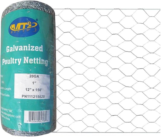 MTB Supply 20GA Galvanized Hexagonal Poultry Netting Chicken Wire 12 inches x 150 feet x 1 inch Mesh
