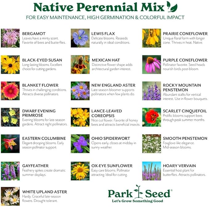 Park Seed Grow Your Own Vibrant Perennial Wildflower Garden Seeds Mixture, Easy to Grow Varieties for Pollinators and Spring Gardens - Native Perennial Mix, 25 lbs