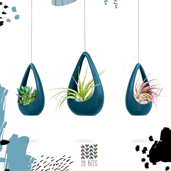 23 Bees | Hanging Air Plant Holder | Blue Hanger Ceramic Planter | Small Floating Succulent Pots Container | Cactus Holders with Metal Wire | 3 Pack (3 Pack x Blue)