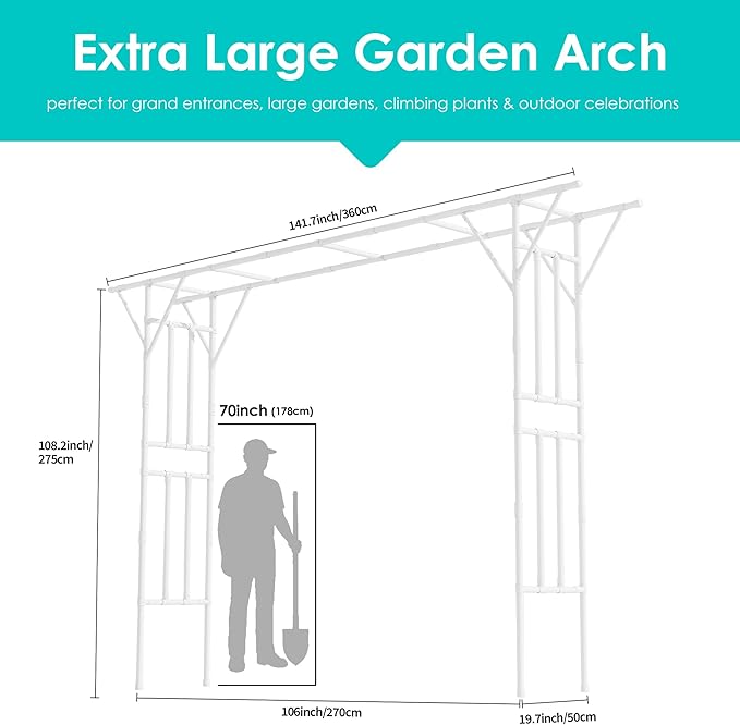 Flat Top Garden Arch Trellis 11FT x 9FT, Extra Large Garden Trellis for Climbing Plants Outdoor, 141.7in x 108in PE-Coated Metal Arbor Archway Trellis for Roses,Wisteria,Wedding,Patio Decoration White