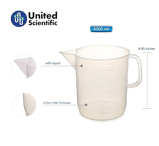 United Scientific™ Plastic Pitcher, 5000mL (1.32 Gallons) - Large Pitcher with Spout - Raised Graduations - Chemical Resistant, Autoclavable, 1 Each