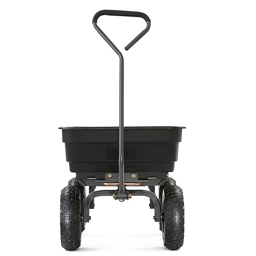 Gorilla Carts Poly Garden Dump Cart, 4 Cu Ft Tub, 600 lb Haul Capacity, Black – Heavy-Duty Utility Wagon with Quick-Release Dumping & Pneumatic Tires for Yard, Landscaping and Gardening