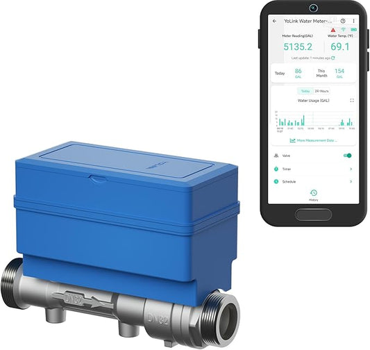 NSF Certified YoLink FlowSmart All-in-One Smart Water Meter & Auto Shutoff for 1.25" Pipes, LoRa Long-Range, Real-Time Leak Detection, 10-Year Battery, 80+ Device Ecosystem, Hub Required
