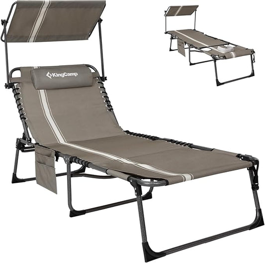 KingCamp Tanning Chair with Face Hole, Lounge Chairs Outdoor Folding Comfy Adjustable 5-Position Foldable Chaise Chaser with Canopy Shade for Outside Beach Patio Sun Bathing Pool, Beige/White