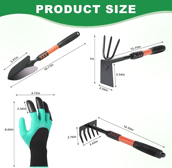 Garden Tool Set, 4 Pack Gardening Tools, Stainless Steel Heavy Duty Hand Cultivator, Hoes, Shovel, for Planting Weeding Digging, Gardening Gifts for Women, Red
