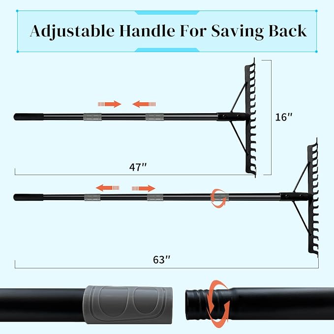 Heavy Duty Bow Rake Garden Rake with Stainless Steel Handle with 16 Steel Tines Garden Tool for Loosening Soil Gathering Leaf Leveling Lawn Farming Land Management Yarn Thatch Rakes