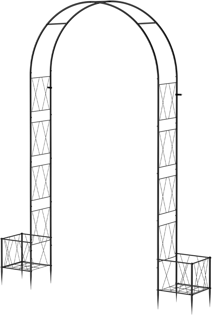 Garden Arch Arbor Trellis with Planter Boxes 8.2 Ft Metal Arch Trellis for Climbing Plants Outdoor, Wedding Arches Backdrop Stand for Ceremony, Halloween, Christmas, Decorations Pergola, Black