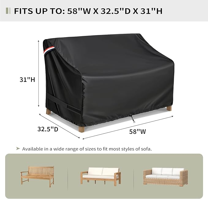 KylinLucky Waterproof Patio Loveseat Covers 58W x 32.5D x 33H inches,Heavy Duty Outdoor Furniture Sofa Cover Black