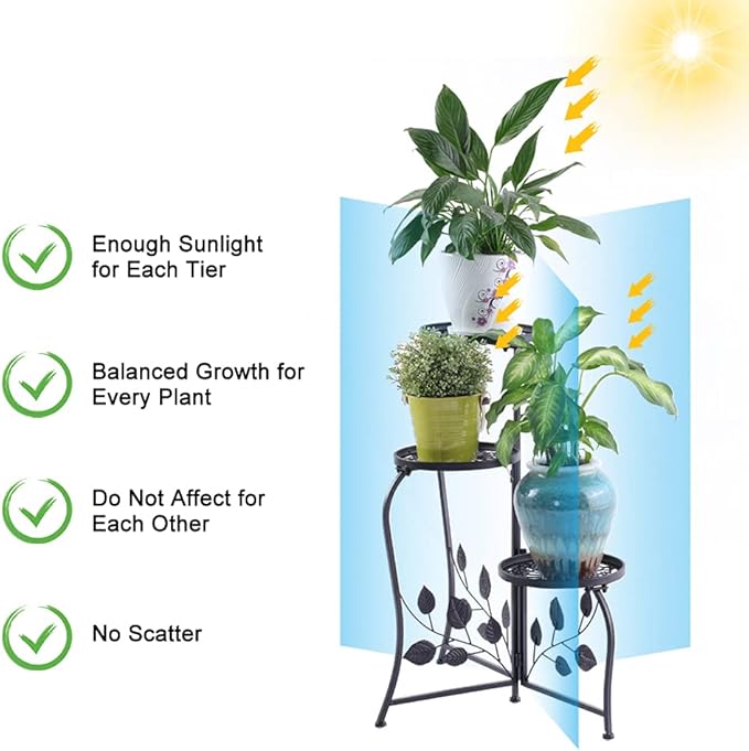 DAZONE 3-Tier Plant Stand for Indoor and Outdoor Use, Black Wrought Iron Metal Plant Shelf Holds 3 Pots, Space-Saving Decor for Corner, Balcony, Bedroom, Garden