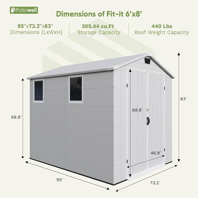 Patiowell 6x8 FT Outdoor Storage Shed with Floor, Resin Garden Tool Shed with Lockable Door & Windows, Weather-Resistant for Lawn Mower, Patio Furniture, Backyard Storage (Light Gray)